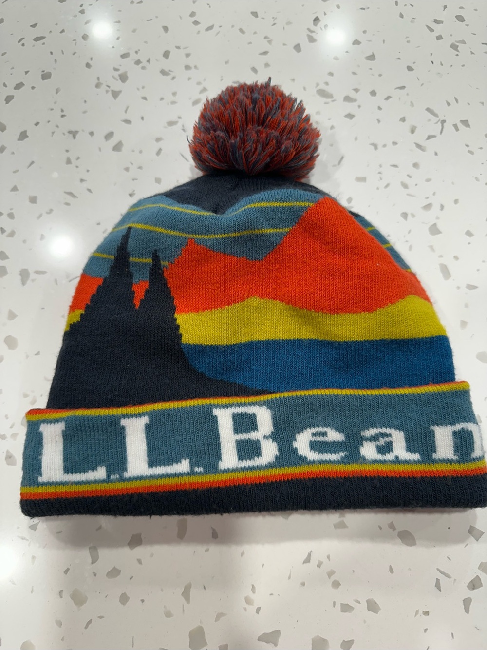 L.L.Bean Navy Knit Beanie with Multicolor Stripe Trim - Picture 2 of 3